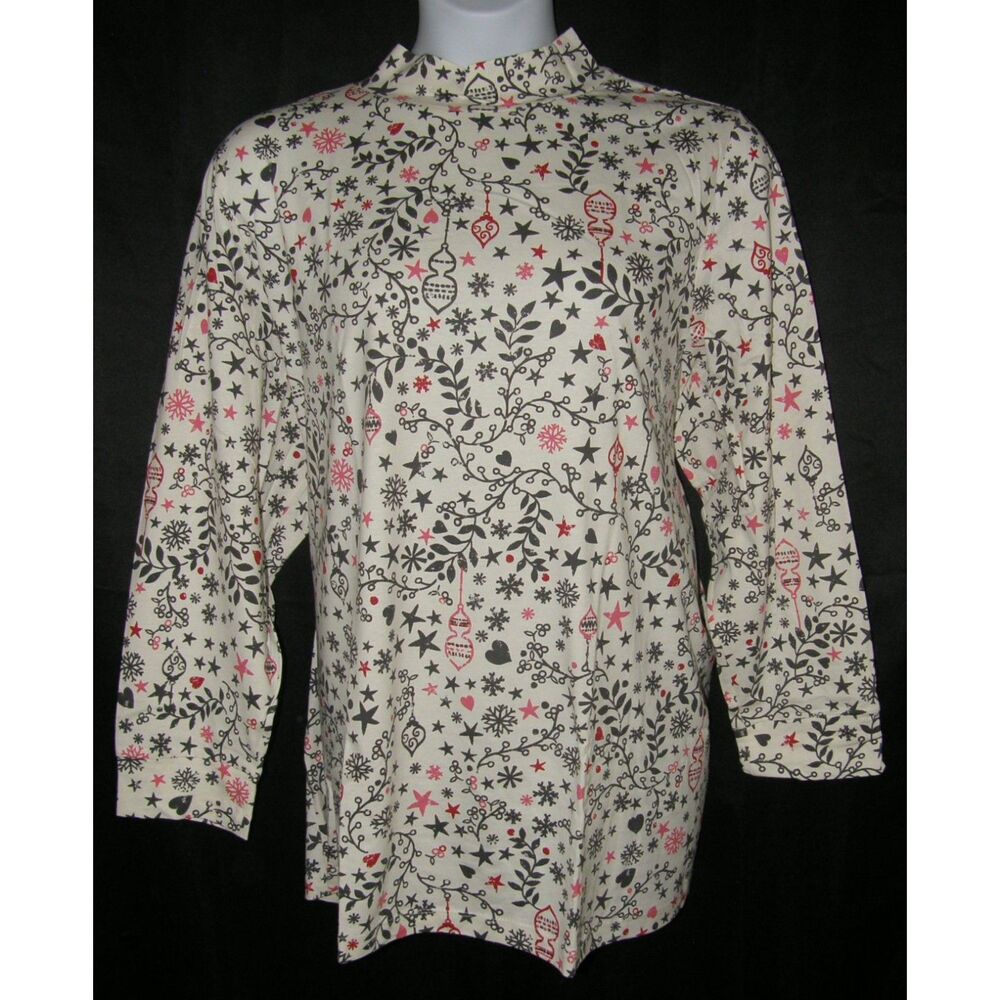 WOMAN WITHIN Christmas Print Plus Sz 30/32 Cotton Mock Neck Holiday Shirt NEW